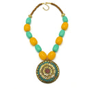 Turquoise & Amber Beads With Round Gold Pendant Necklace