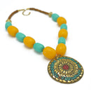 Turquoise & Amber Beads With Round Gold Pendant Necklace