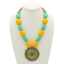 Turquoise & Amber Beads With Round Gold Pendant Necklace