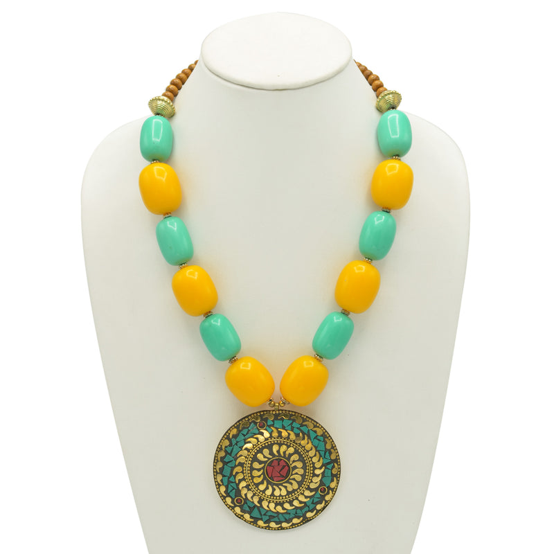 Turquoise & Amber Beads With Round Gold Pendant Necklace