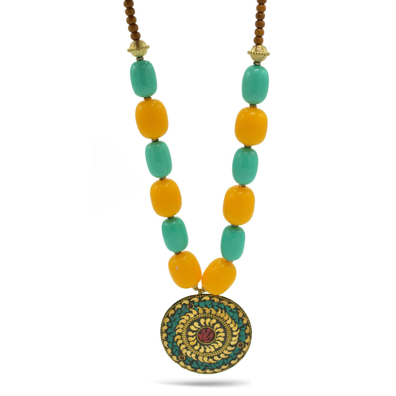 Turquoise & Amber Beads With Round Gold Pendant Necklace