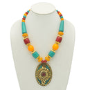 MULTI-COLOR BEAD GOLD OVAL PENDANT NECKLACE