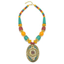 MULTI-COLOR BEAD GOLD OVAL PENDANT NECKLACE