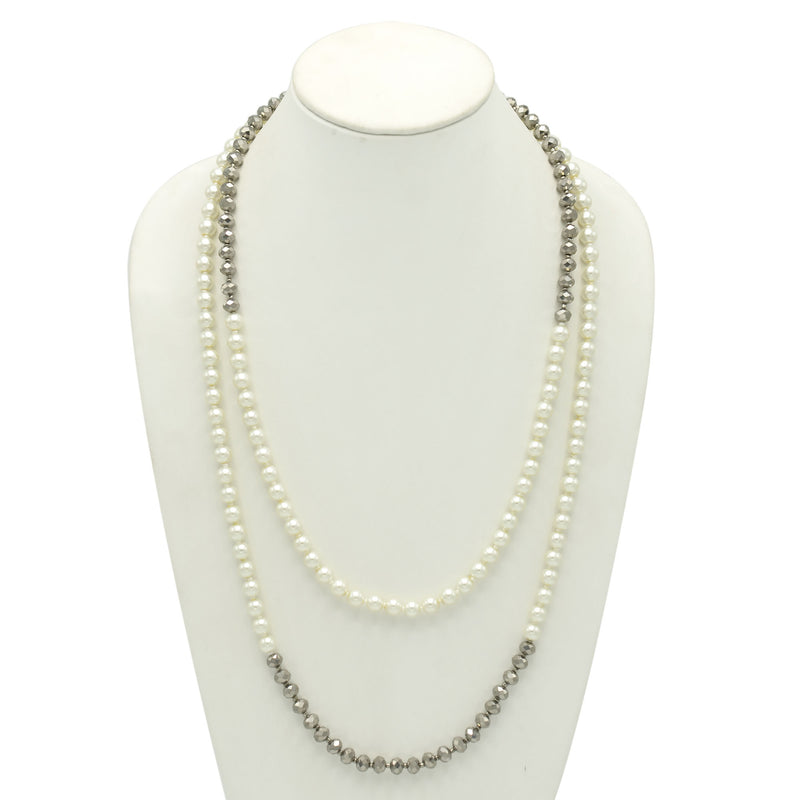 CREAM PEARL AND HEMATITE BEADS 60"INCHES LONG NECKLACE