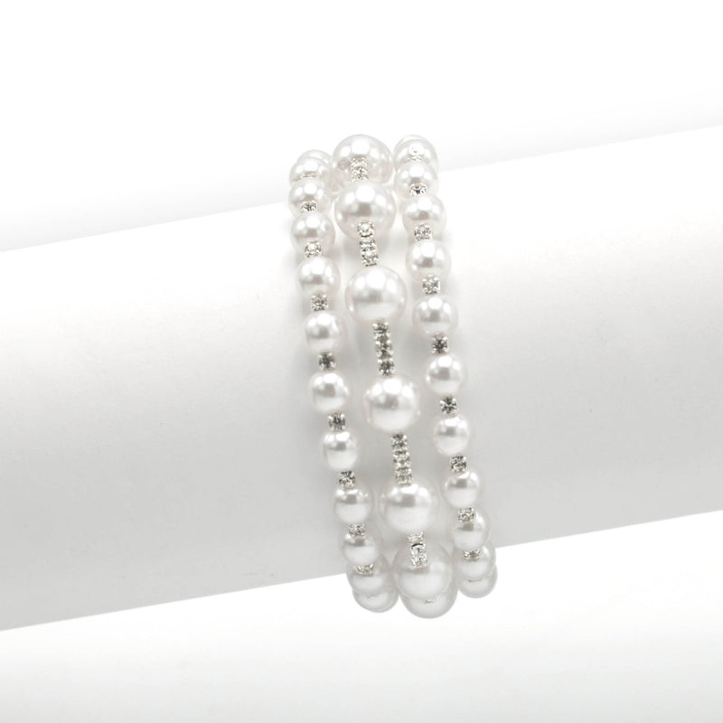 SILVER WHITE PEARL AND CRYSTAL MEMORY WIRE STRETCH BRACELET