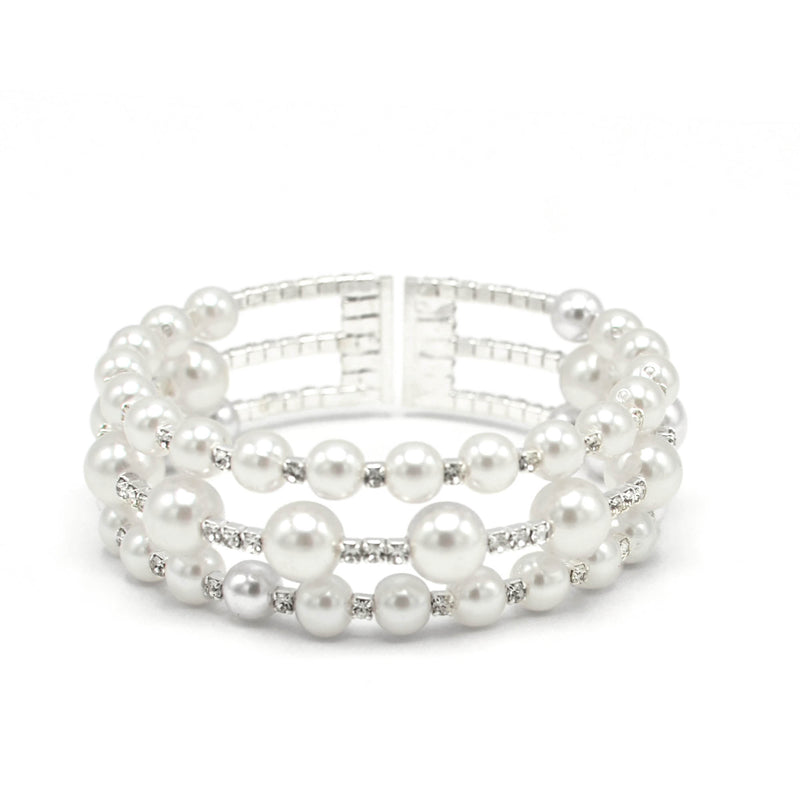 SILVER WHITE PEARL AND CRYSTAL MEMORY WIRE STRETCH BRACELET