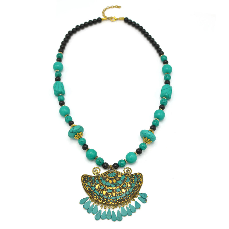 TURQUOISE AND BLACK BEAD GOLD TURQUOISE PENDANT NECKLACE