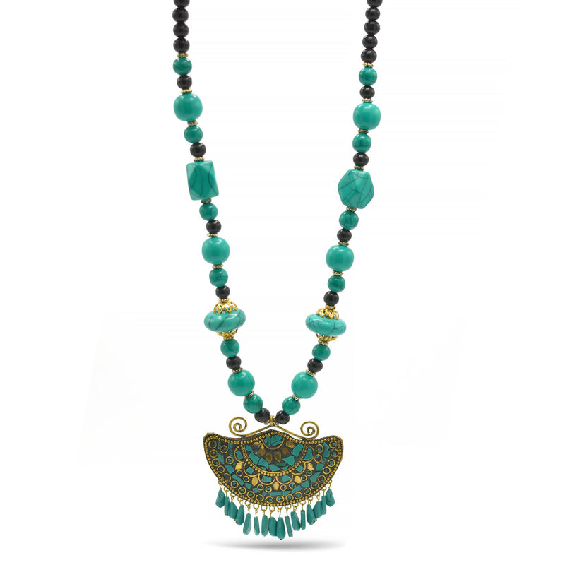 TURQUOISE AND BLACK BEAD GOLD TURQUOISE PENDANT NECKLACE