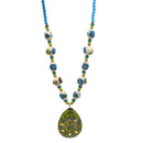 GREEN AND BLUE CERAMIC BEADS WITH GOLD OVAL PENDANT NECKLACE