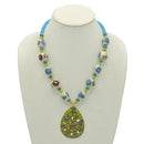 GREEN AND BLUE CERAMIC BEADS WITH GOLD OVAL PENDANT NECKLACE