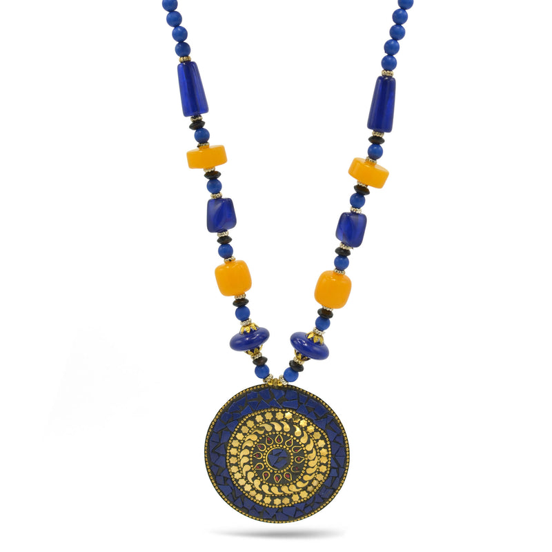 BLUE & AMBER BEADS WITH ROUND GOLD PENDANT NECKLACE