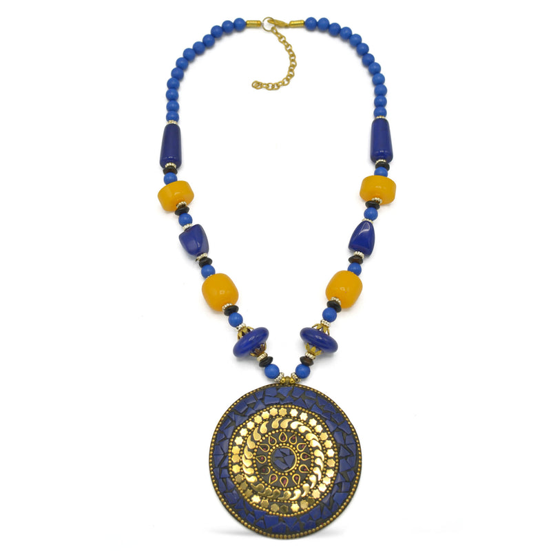 BLUE & AMBER BEADS WITH ROUND GOLD PENDANT NECKLACE