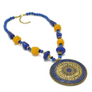 BLUE & AMBER BEADS WITH ROUND GOLD PENDANT NECKLACE