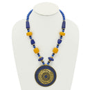 BLUE & AMBER BEADS WITH ROUND GOLD PENDANT NECKLACE