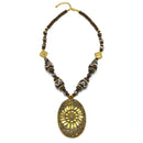 Brown & Gold Beads With Oval Gold Pendant Necklace