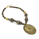 Brown & Gold Beads With Oval Gold Pendant Necklace
