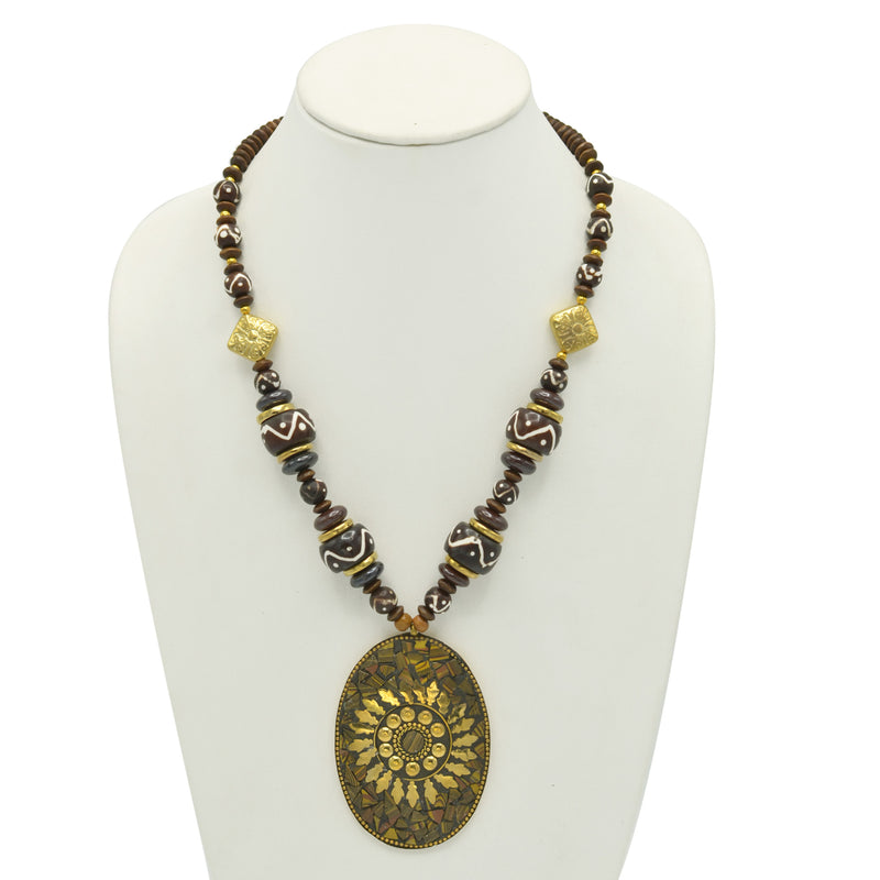 Brown & Gold Beads With Oval Gold Pendant Necklace