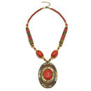 CORAL & CREAM BEADS WITH OVAL GOLD CORAL PENDANT NECKLACE
