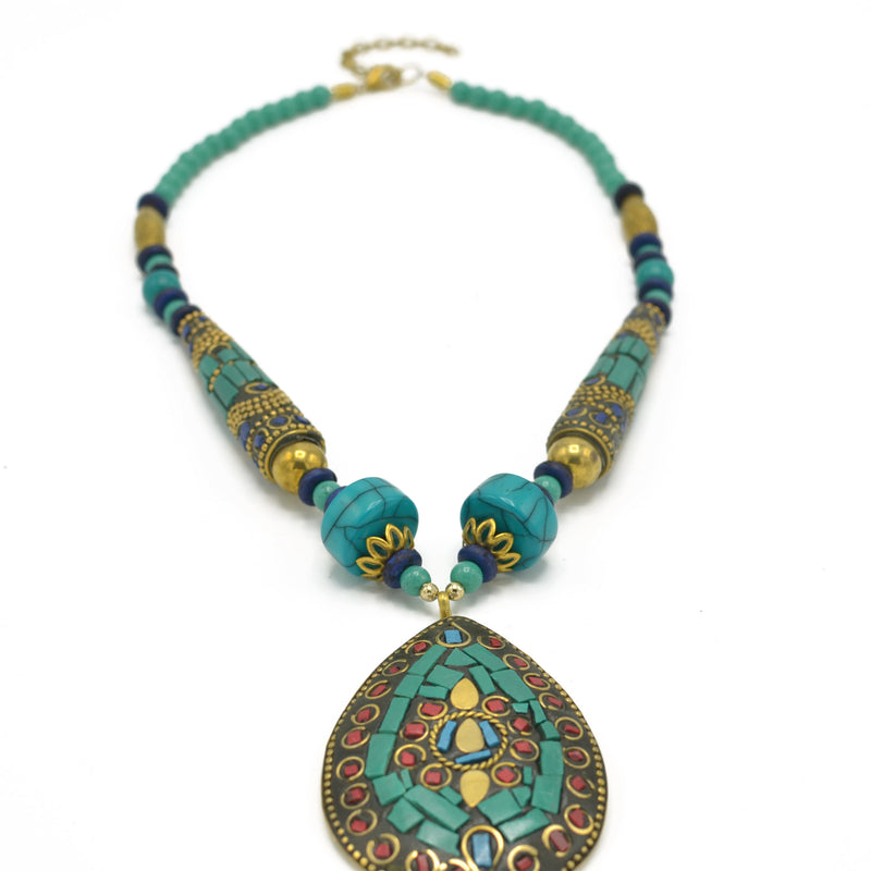 TURQUOISE BEADS WITH TEARDROP GOLD PENDANT NECKLACE FWNK-2202-108