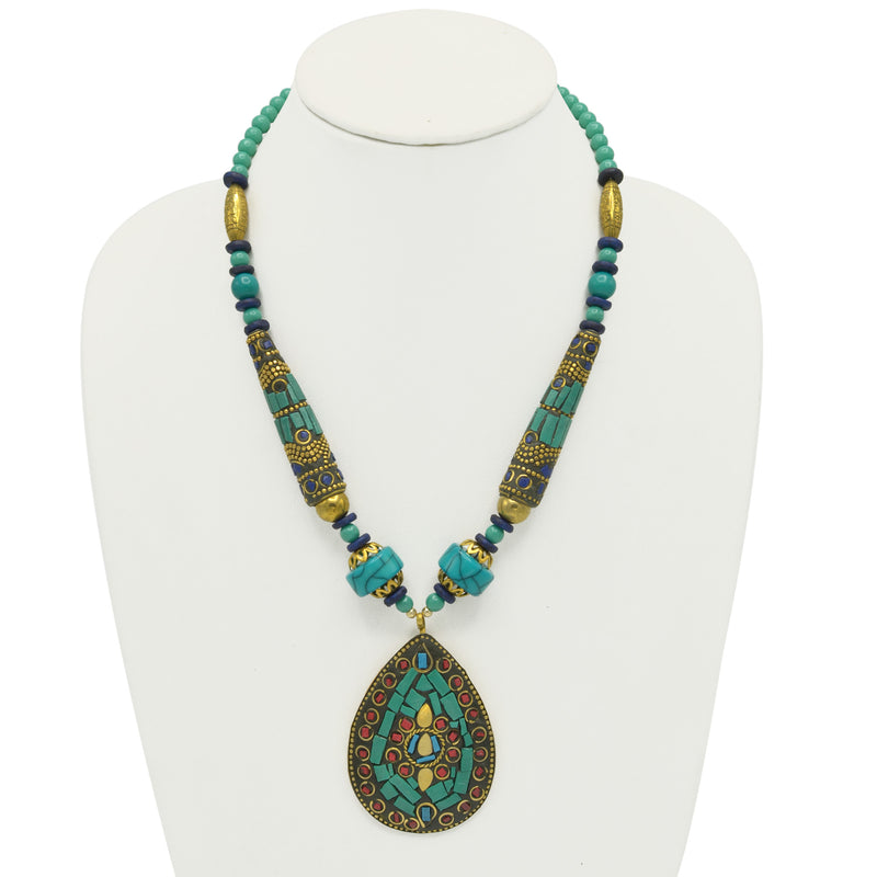 TURQUOISE BEADS WITH TEARDROP GOLD PENDANT NECKLACE FWNK-2202-108