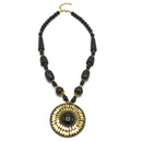 BLACK BEADS WITH ROUND GOLD PENDANT NECKLACE