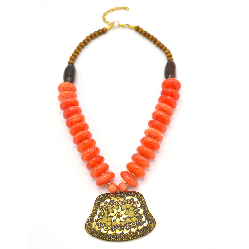 ORANGE & BROWN BEADS WITH  GOLD PENDANT NECKLACE