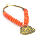ORANGE & BROWN BEADS WITH  GOLD PENDANT NECKLACE