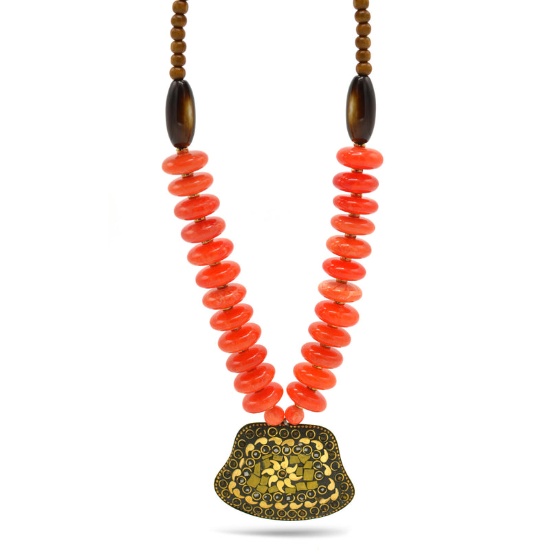 ORANGE & BROWN BEADS WITH  GOLD PENDANT NECKLACE