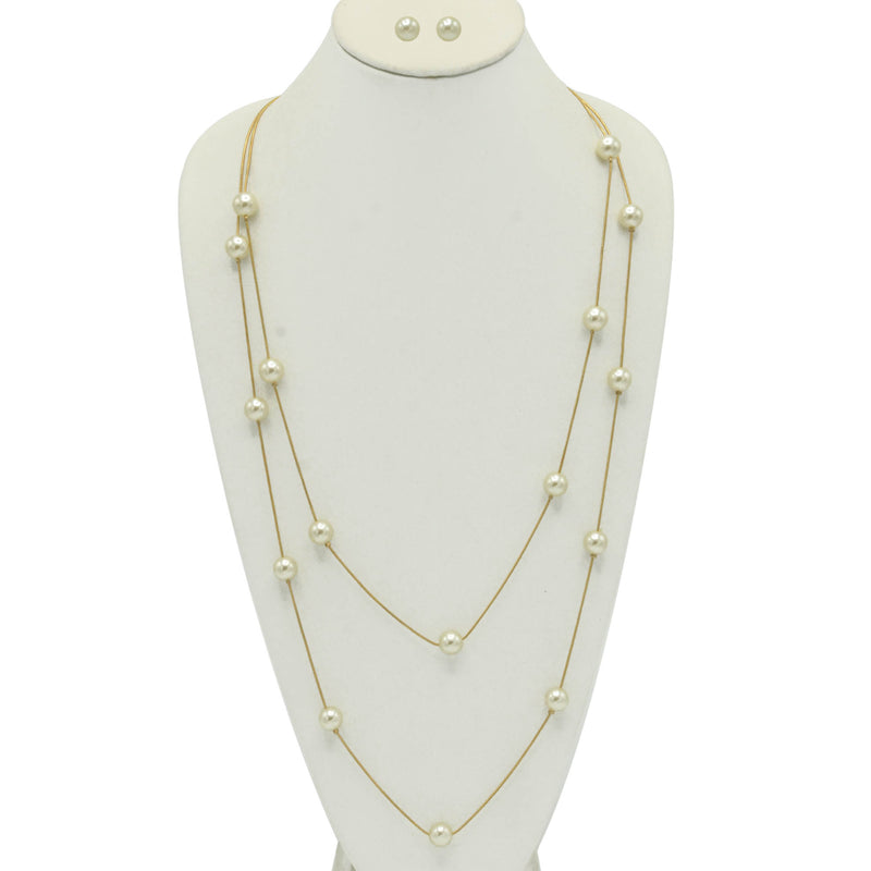 GOLD CREAM PEARL TWO ROW LAYER NECKLACE AND EARRINGS SET