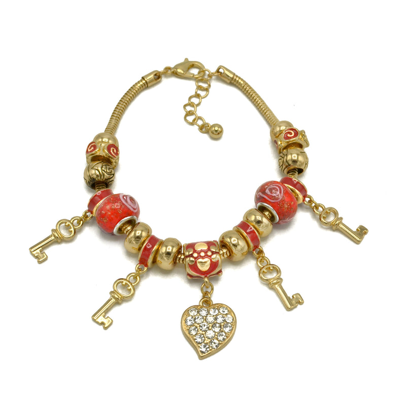 GOLD RED RESIN BEADS HEART AND KEY CRYSTAL CHARM BRACELET