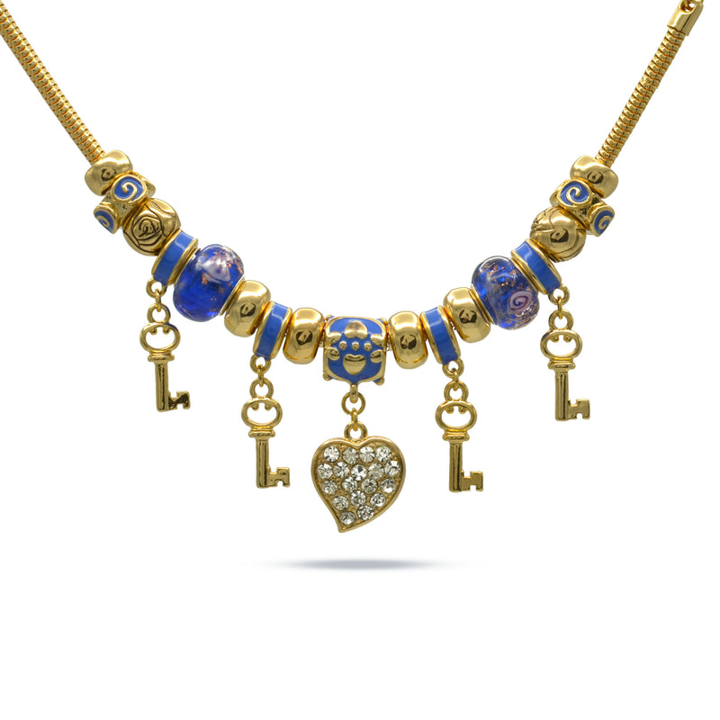 GOLD BLUE RESIN BEADS HEART AND KEY CRYSTAL CHARM BRACELET