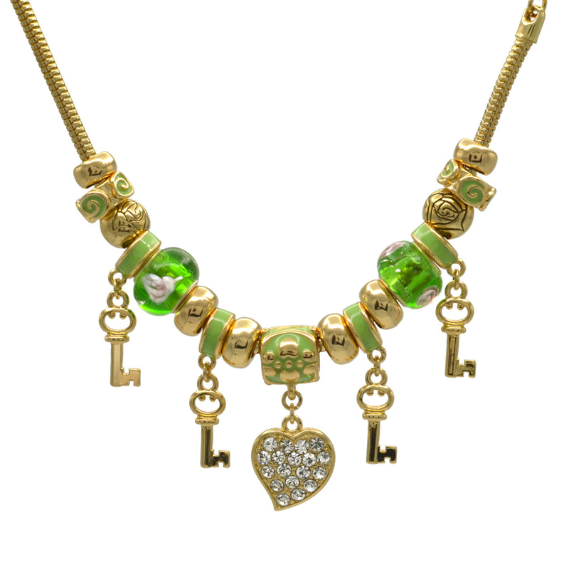 GOLD GREEN RESIN BEADS HEART AND KEY CRYSTAL CHARM BRACELET