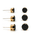 GOLD BLACK CRYSTAL 3 PAIR SET GRADUATED STUD EARRINGS