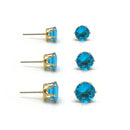 GOLD AQUA CRYSTAL 3 PAIR SET GRADUATED STUD EARRINGS