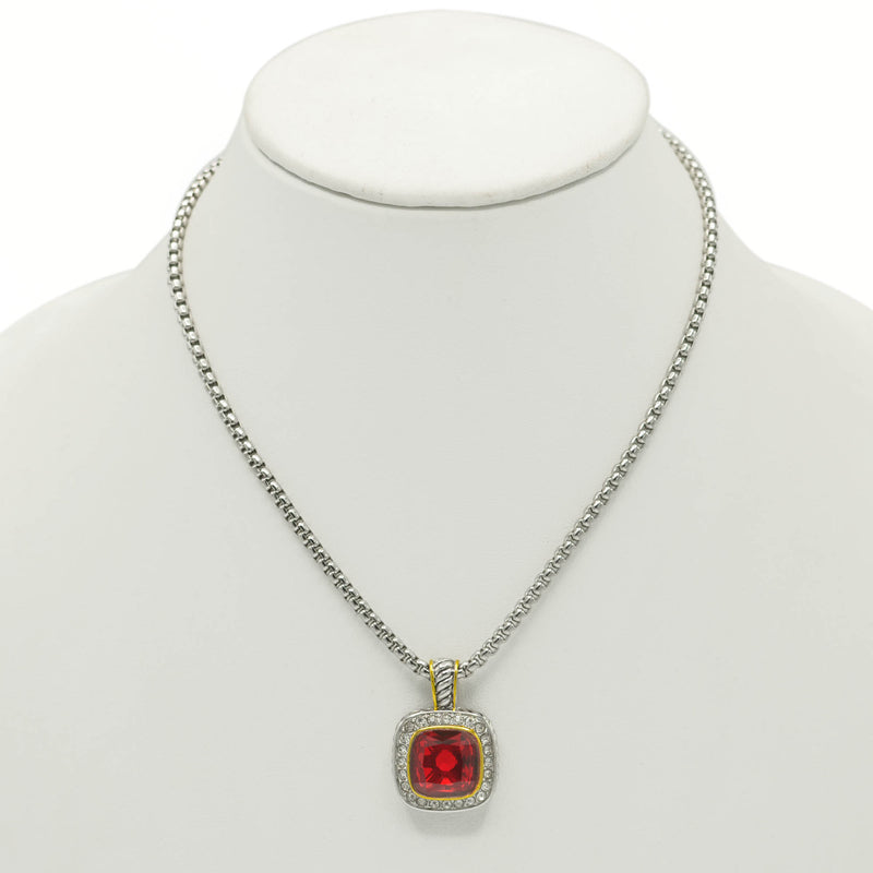 TWO TONE SQUARE RED CRYSTAL AND RHINESTONES ENGRAVED PENDANT BOX CHAIN NECKLACE