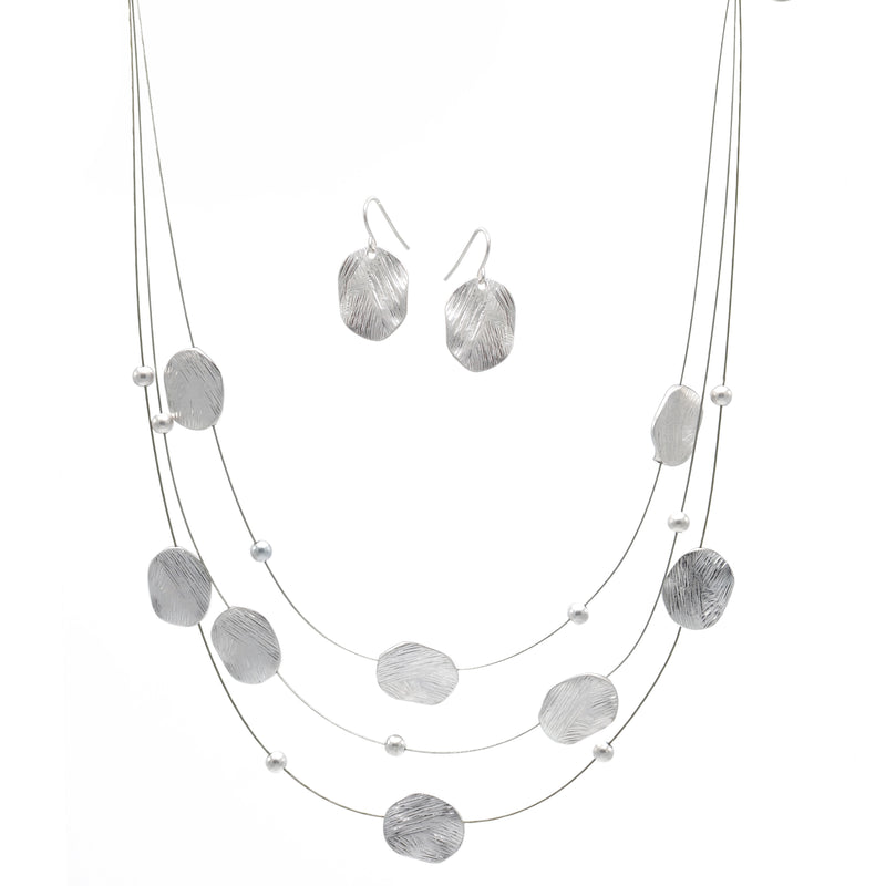 SILVER BRUSHED ILLUSION NECKLACE AND EARRINGS SET