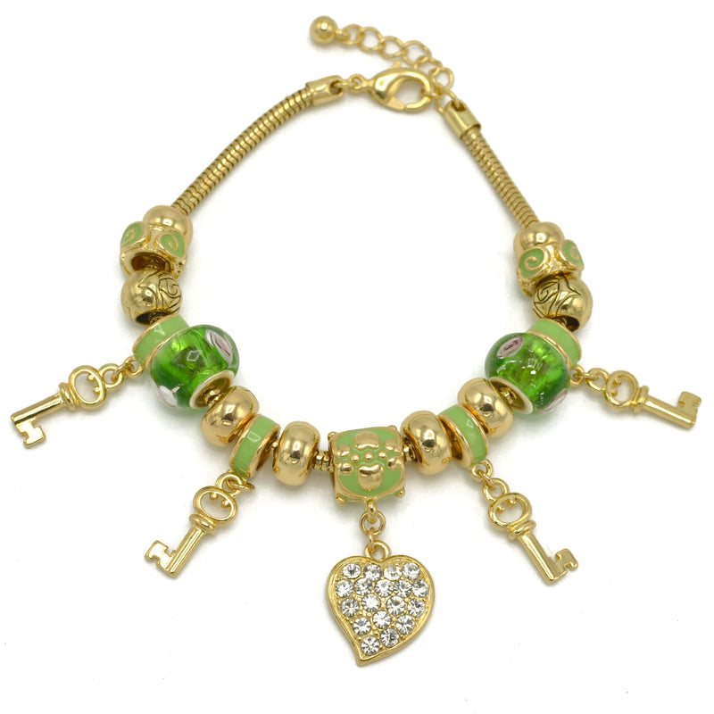 GOLD GREEN RESIN BEADS HEART AND KEY CRYSTAL CHARM BRACELET