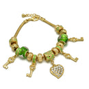 Gold Green Resin Beads Heart And Key Crystal Charm Bracelet