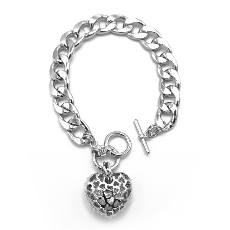 Cream Pearl Rhodium Heart Charm Cuban Chain Bracelet # # HNB90657RDCM(LA9)