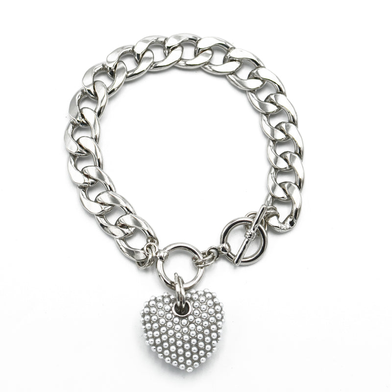 Cream Pearl Rhodium Heart Charm Cuban Chain Bracelet # # HNB90657RDCM(LA9)