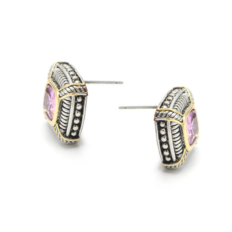 TWO TONE ROSE CRYSTAL SQUARE EARRINGS SET