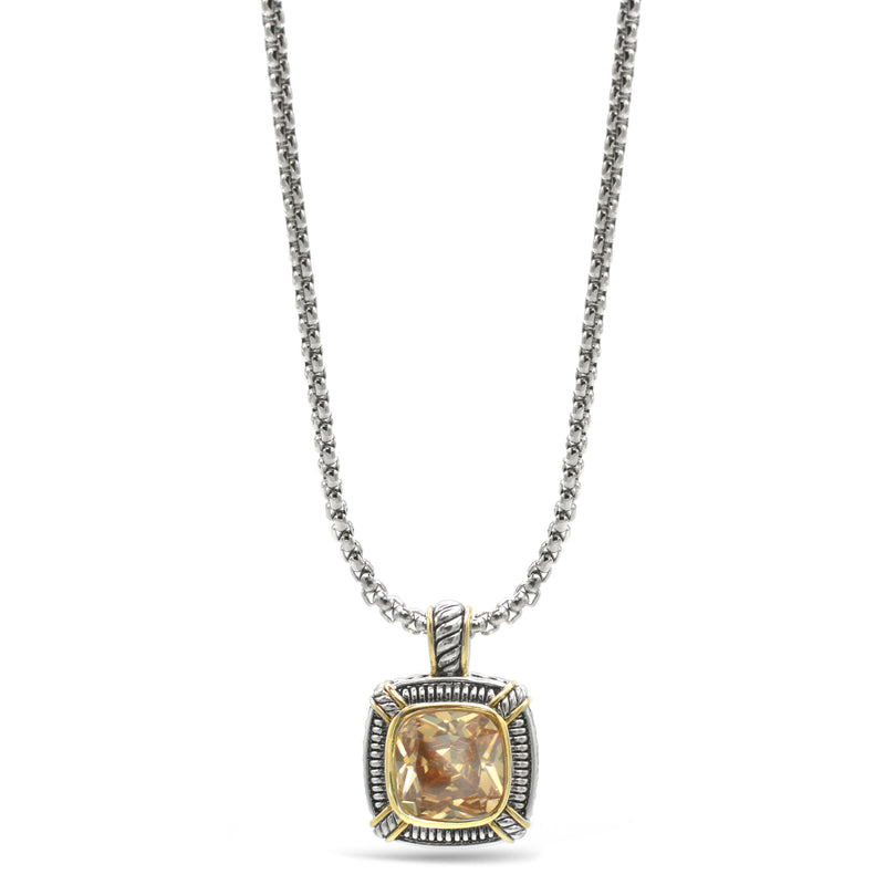 TWO TONE CHAMPAGNE CRYSTAL SQUARE PENDANT BOX CHAIN NECKLACE