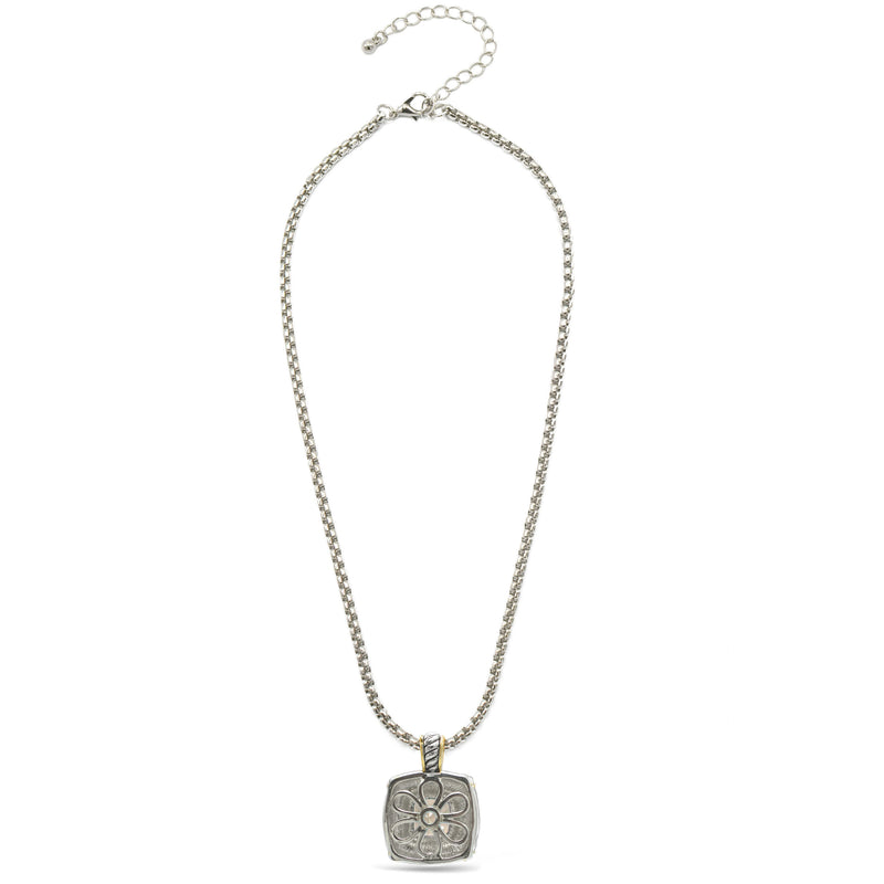 TWO TONE CHAMPAGNE CRYSTAL SQUARE PENDANT BOX CHAIN NECKLACE