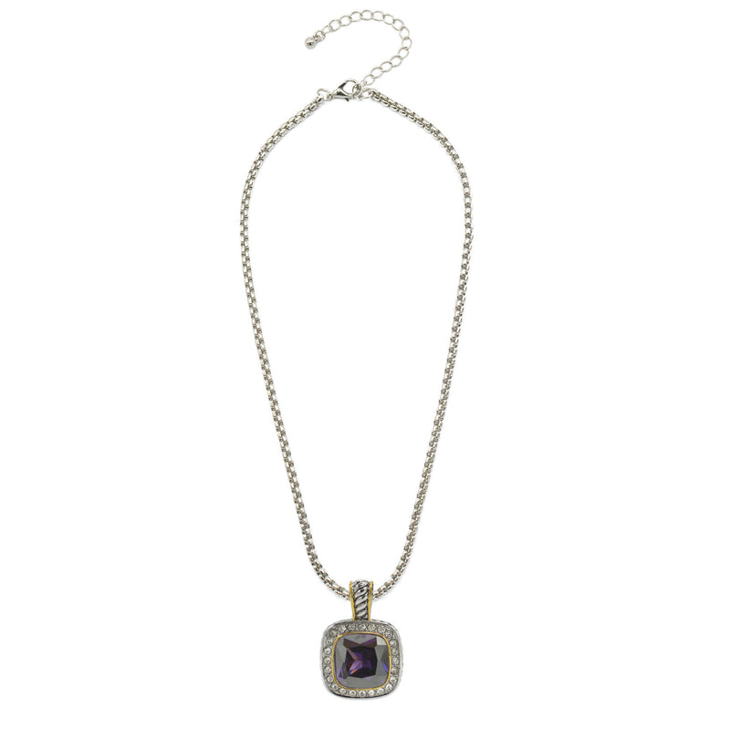 TWO TONE SQUARE AMETHYST CRYSTAL AND RHINESTONES ENGRAVED PENDANT BOX CHAIN NECKLACE