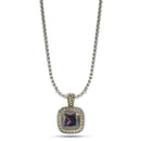TWO TONE SQUARE AMETHYST CRYSTAL AND RHINESTONES ENGRAVED PENDANT BOX CHAIN NECKLACE