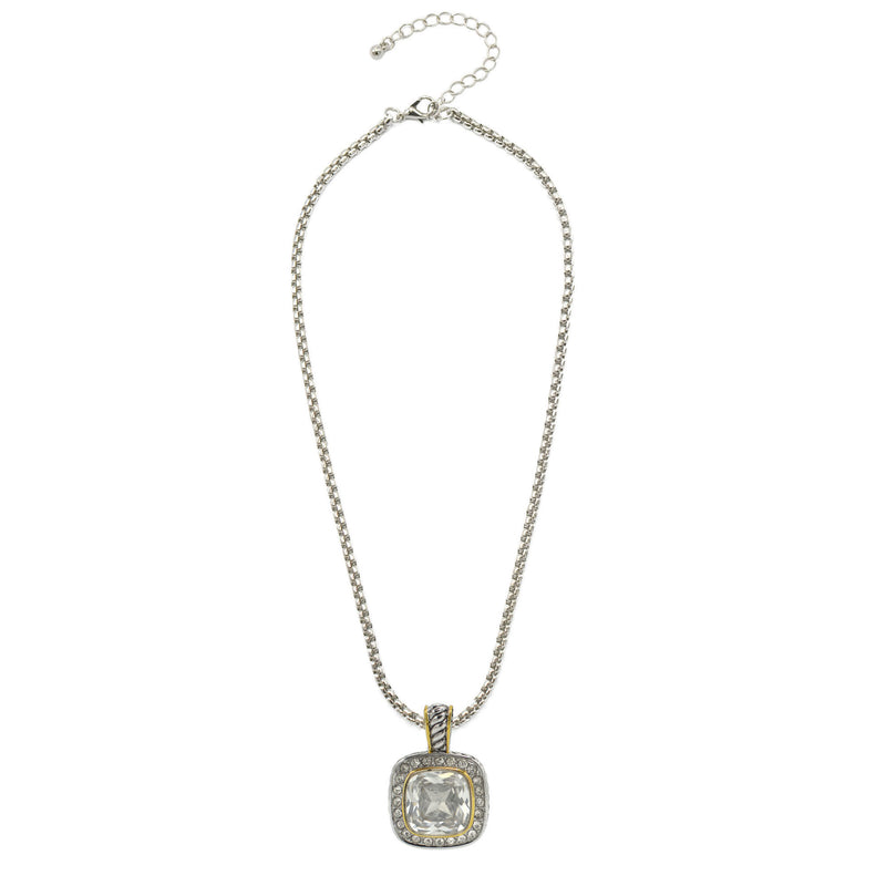 TWO TONE SQUARE CLEAR CRYSTAL AND RHINESTONES ENGRAVED PENDANT BOX CHAIN NECKLACE