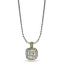 TWO TONE SQUARE CLEAR CRYSTAL AND RHINESTONES ENGRAVED PENDANT BOX CHAIN NECKLACE