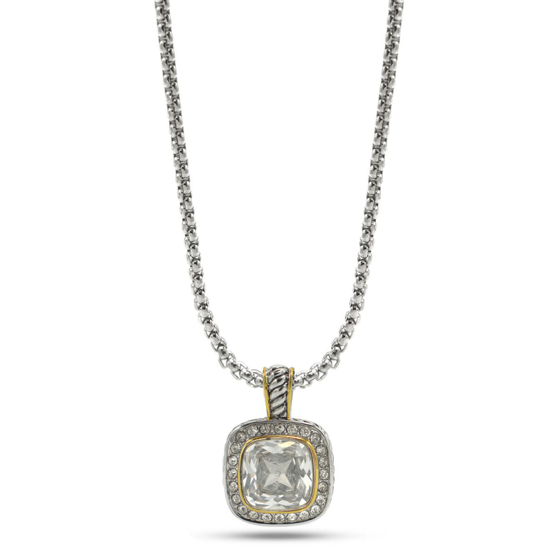 TWO TONE SQUARE CLEAR CRYSTAL AND RHINESTONES ENGRAVED PENDANT BOX CHAIN NECKLACE