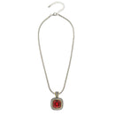 TWO TONE SQUARE RED CRYSTAL AND RHINESTONES ENGRAVED PENDANT BOX CHAIN NECKLACE