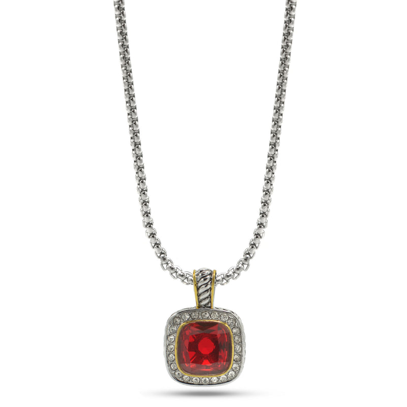 TWO TONE SQUARE RED CRYSTAL AND RHINESTONES ENGRAVED PENDANT BOX CHAIN NECKLACE